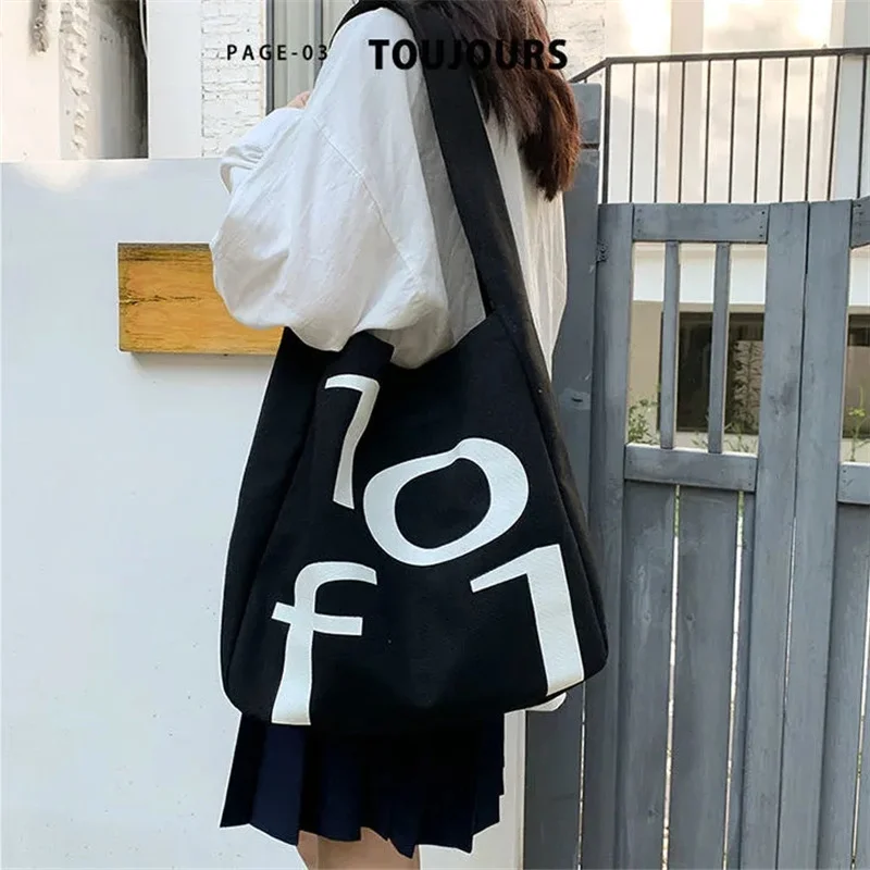 

Canvas Tote Bag Reusable Shopping Bags Letter Print Sundries Bags Foldable Women's Large Cotton Travel Shoulder Bags Handbags