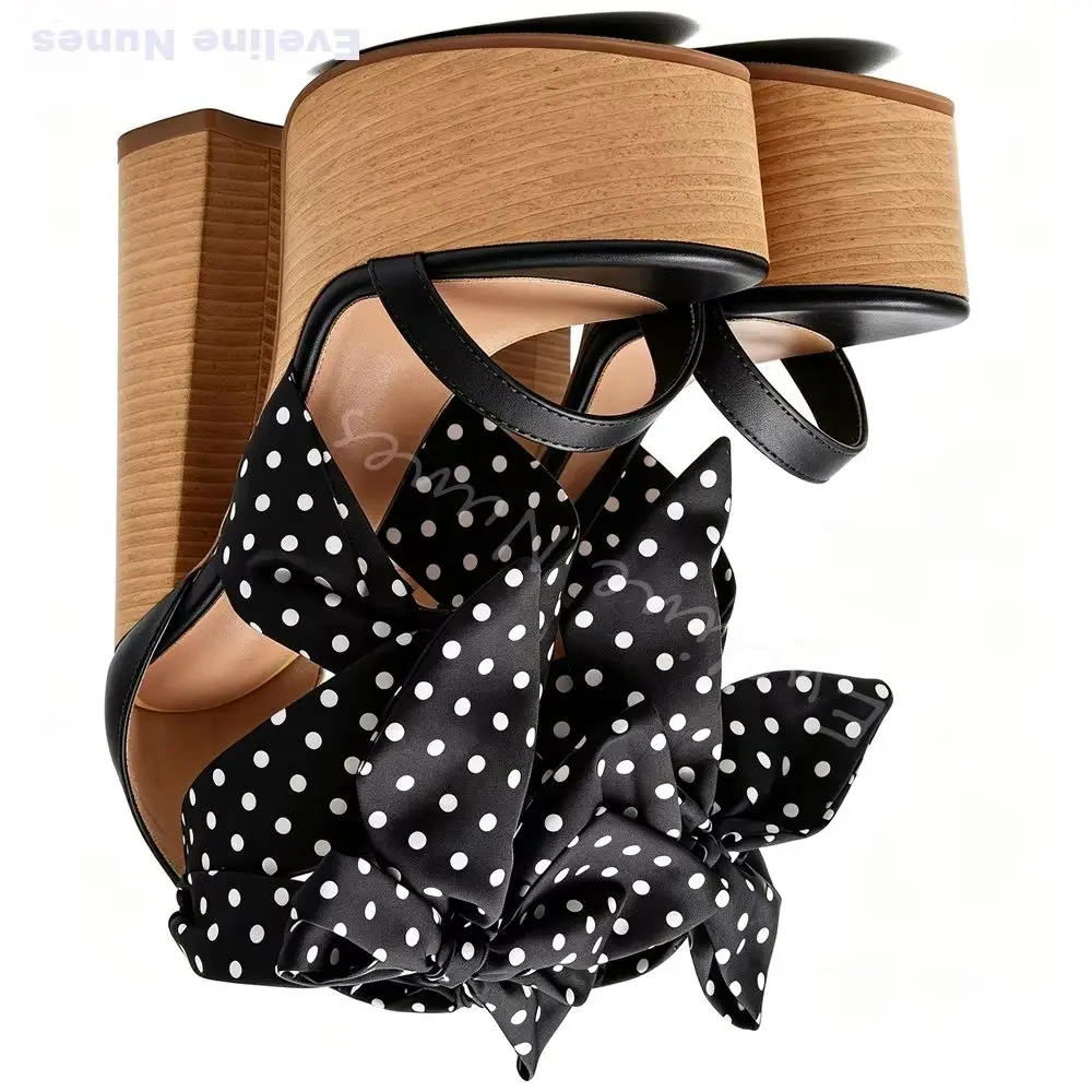 Yellow Black Polka Dot Platform Sandals Women Ankle Wrap Bow Strappy Open Toe Chunky Heel Sandals Summer Beach Vacation Sandals