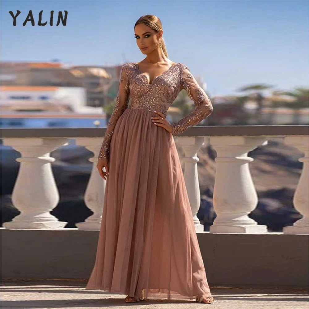 Customized Blush Powder High Split Evening Dresses Long Sleeves Sequined V Neck Birthday Party Dress Pageant Gown Robe De Soiree