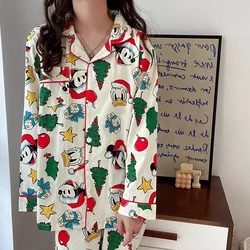 Disney Christmas Mickey Pajamas 2 Piece Set Women Long Sleeve Top Shirts Loose Trousers Home Clothes Cartoon Sleepwear Xmas Gift