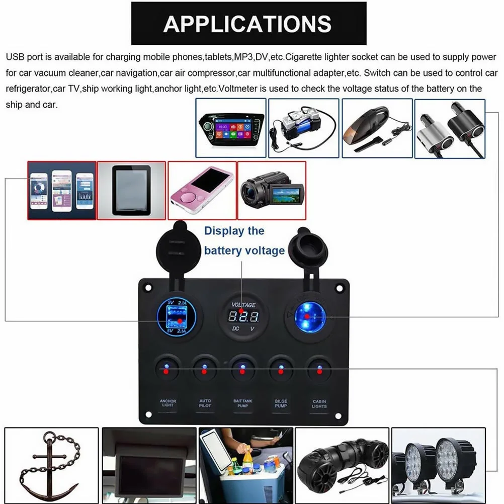

Switch Panel 8 Gang Voltmeter Combination Control Dual USB Ports Car Lighter Socket PBT ABS Aluminum Rubber 12V 24V