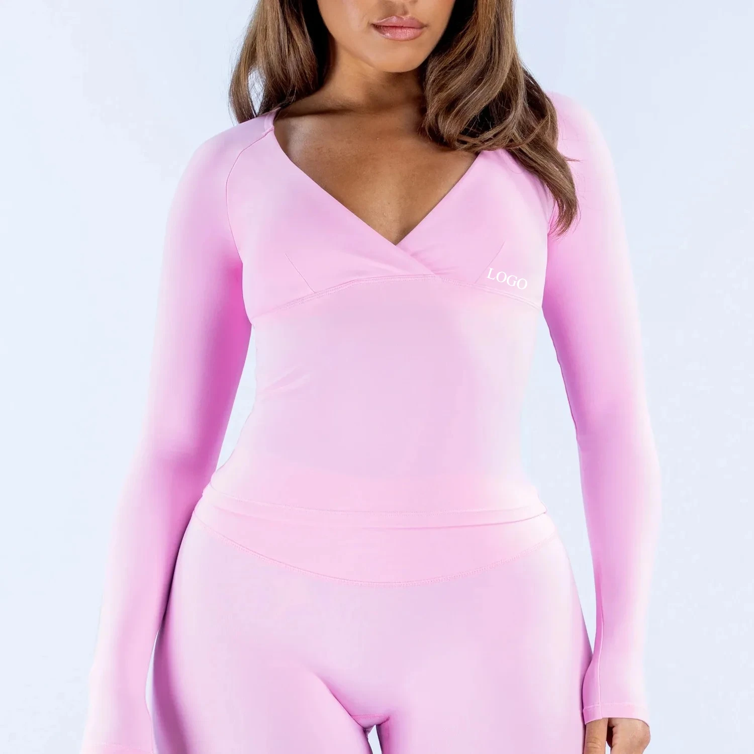 Women Cross V Neck Long Sleeve Athletic Tops Tummy Control Bodycon Sports Shirts High Elastic Pilates Training Active Top image 2
