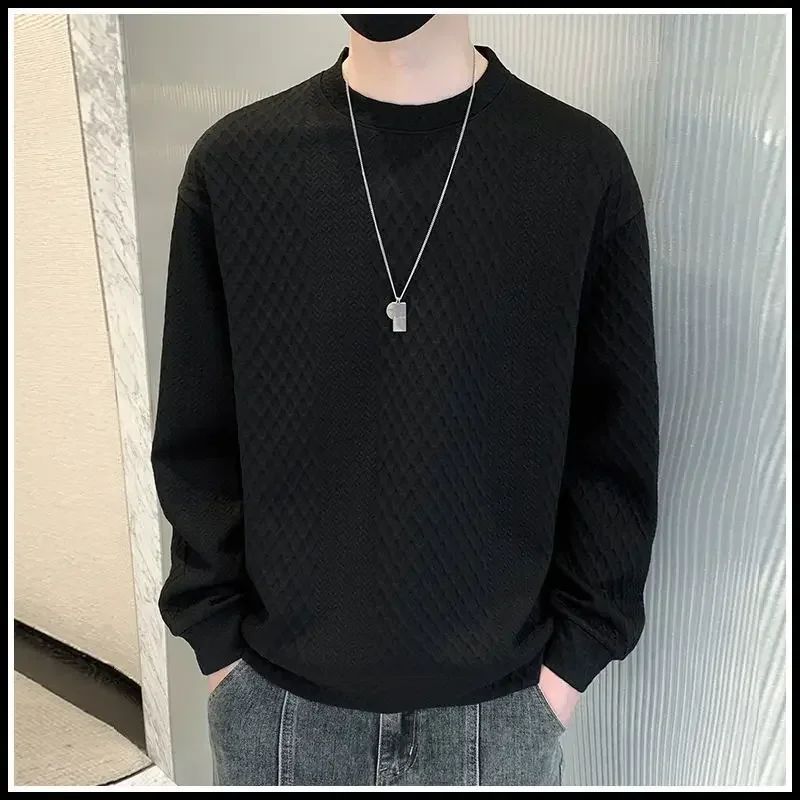 Autumn Men's Sweatshirt Casual Long Sleeves Shirts Harajuku Solid Jacquard O-Neck Tops Loose Korean Pullover Sweatshirts