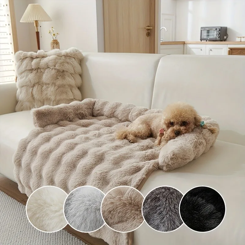 Winter Warm Plush Pet Sofa Bed Fur Dog Cat Couch Protector Mat, Comfort Bolster Sleeping Pad For Small Medium Pets Indoor Use