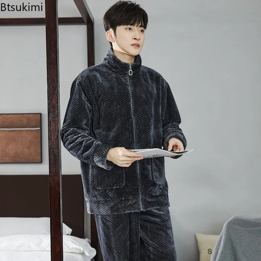 2024 Men's Warm Thickened Coral Fleece Pajamas Sets Autumn Winter Casual 2PCS Sleepwear Sets Male Warm Soft Flannel Nightwear