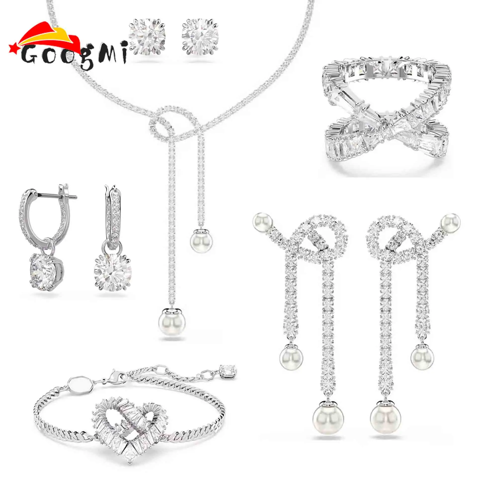 

Princess Pendant Luxurious Pearl Sparkling Crystal Wedding Fine Jewelry Set Charming for Women Necklace Earrings Bracelet Ring