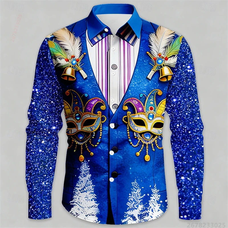 Carnival Mask Faux Two-Piece Printed Long-Sleeve Shirt for Men, Fashionable Casual Party Style Loose Fit Men's Top XS-6XL