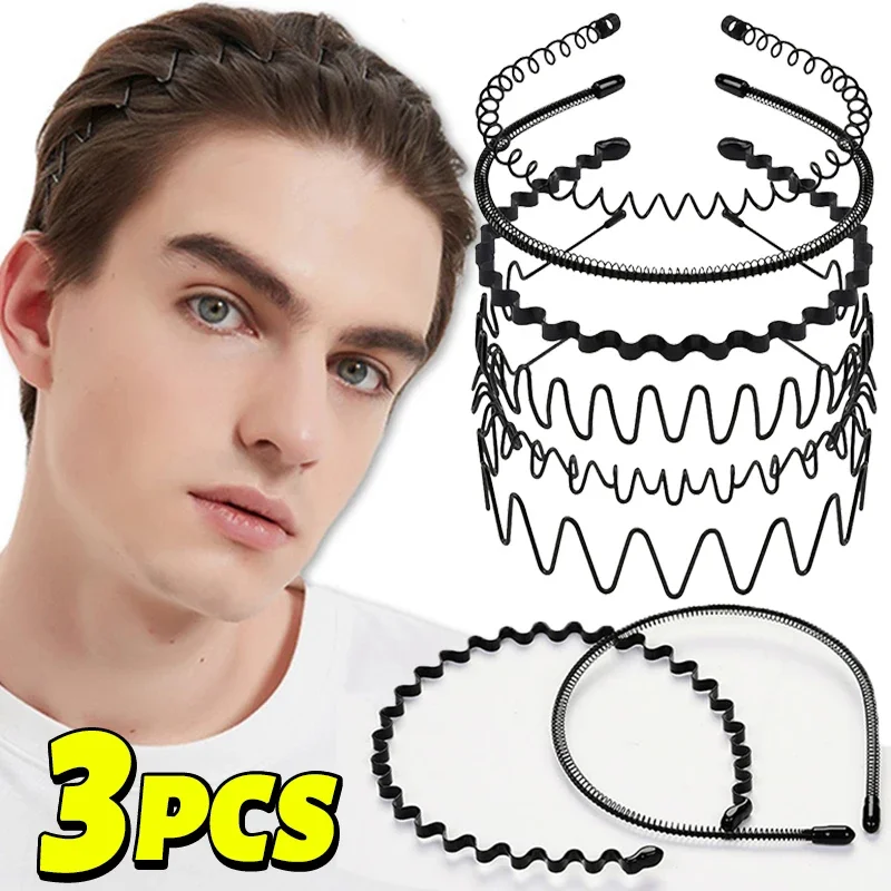 

1/3pcs Unisex Black Elastic Non Slip Metal Headbands For Men Women Wavy Hairband Spring Hair Hoop Fashion Hair Accessories