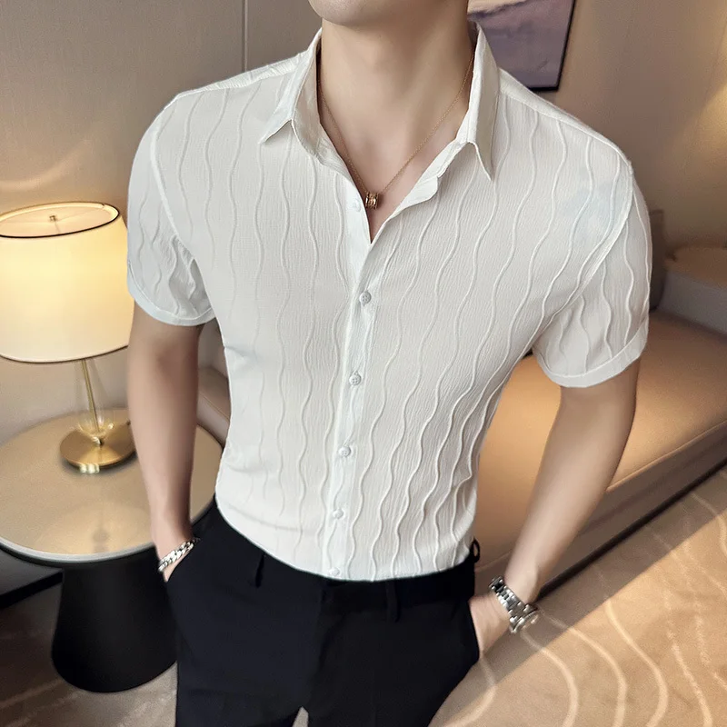 Men's Summer Casual Shirt Wave Print Design Short Sleeve Slim Fit Fashion Top Korean Style Half Sleeve
