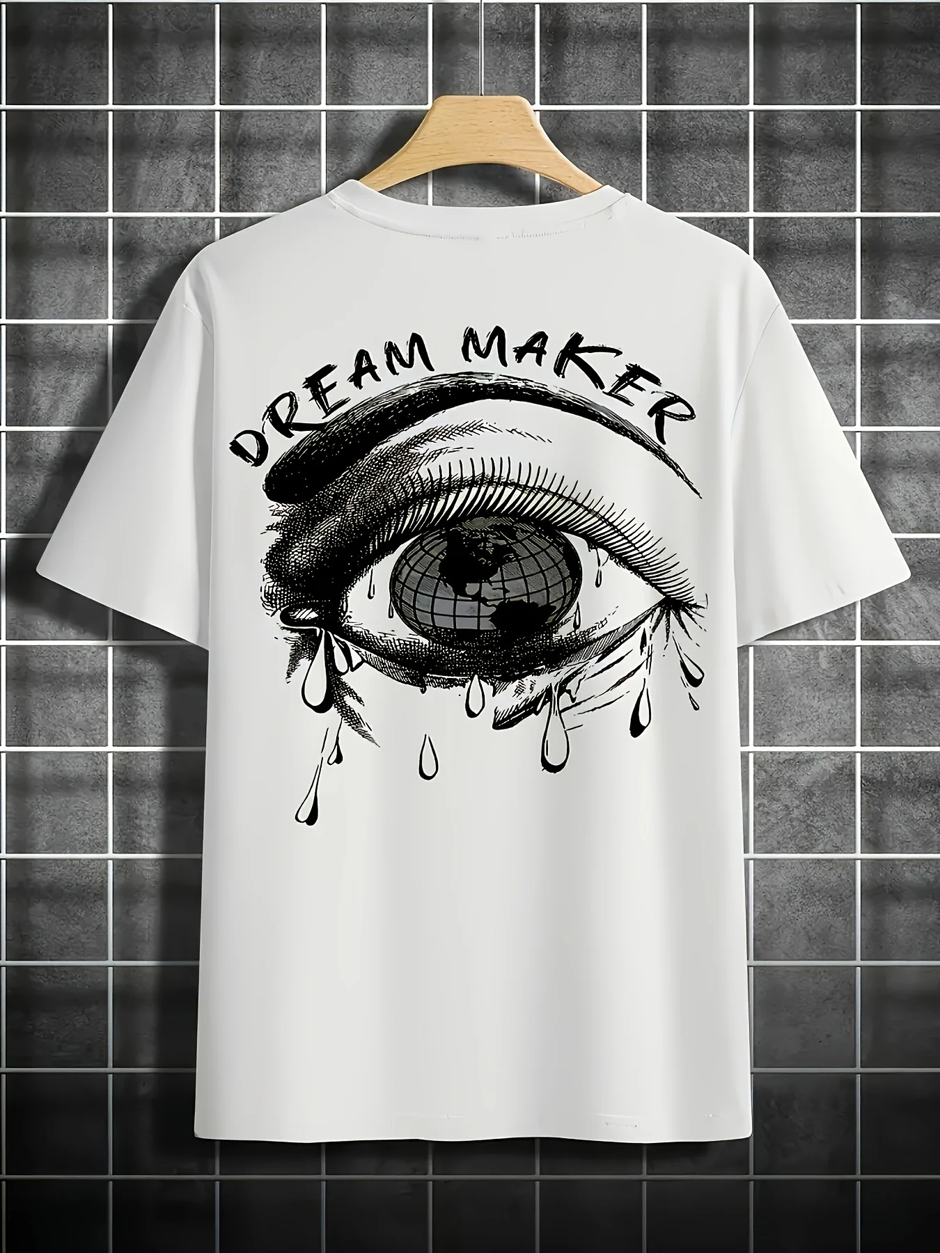Dream Maker Crying Eye with Globe Graphic Print 100% Cotton Mens T Shirt for Summer Streetwear and Edgy Urban Aesthetic