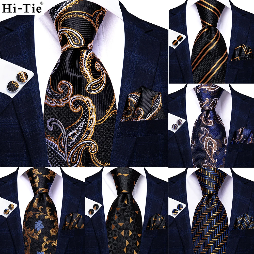 

Hi-Tie Paisley Black Gold Silk Wedding Nicktie For Men Striped Hanky Cufflinks Gift Mens Nicktie Set Business Party Dropshipping