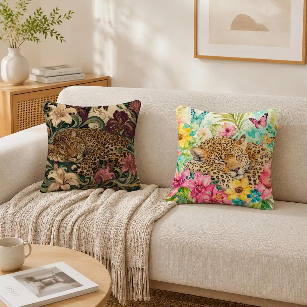 Sleeping Leopard Colorful Jungle Cushion Cover Double-Sided Plush Sofa Cushion Covers Organic Breathable Invisible Zipper