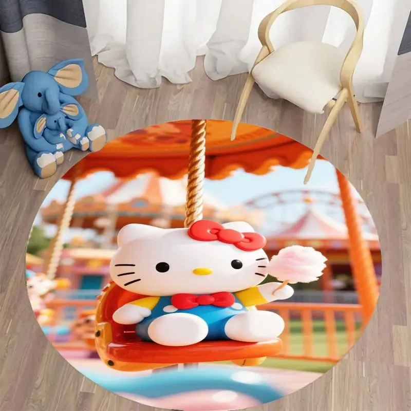 

1 шт., круглый ковер Hello Kitty Carousel - милый мультяшный мягкий ковер для детской комнаты, гостиной, игровой комнаты, нескользящий плюшевый напольный коврик