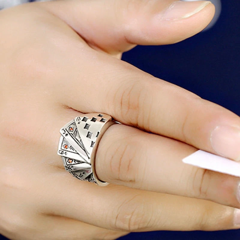 ZB Poker Games Ring Playing Cards Statement Open Band Ring Vintage Gambling Punk Jewelry Adjustable for Women Men