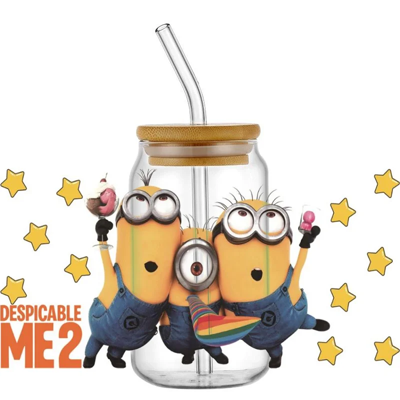 Miniso dessin animé autocollant 3D jaune Minions garçon UV DTF tasse enveloppes transferts autocollant sur transfert pour verre peut enveloppe 16oz Libbey