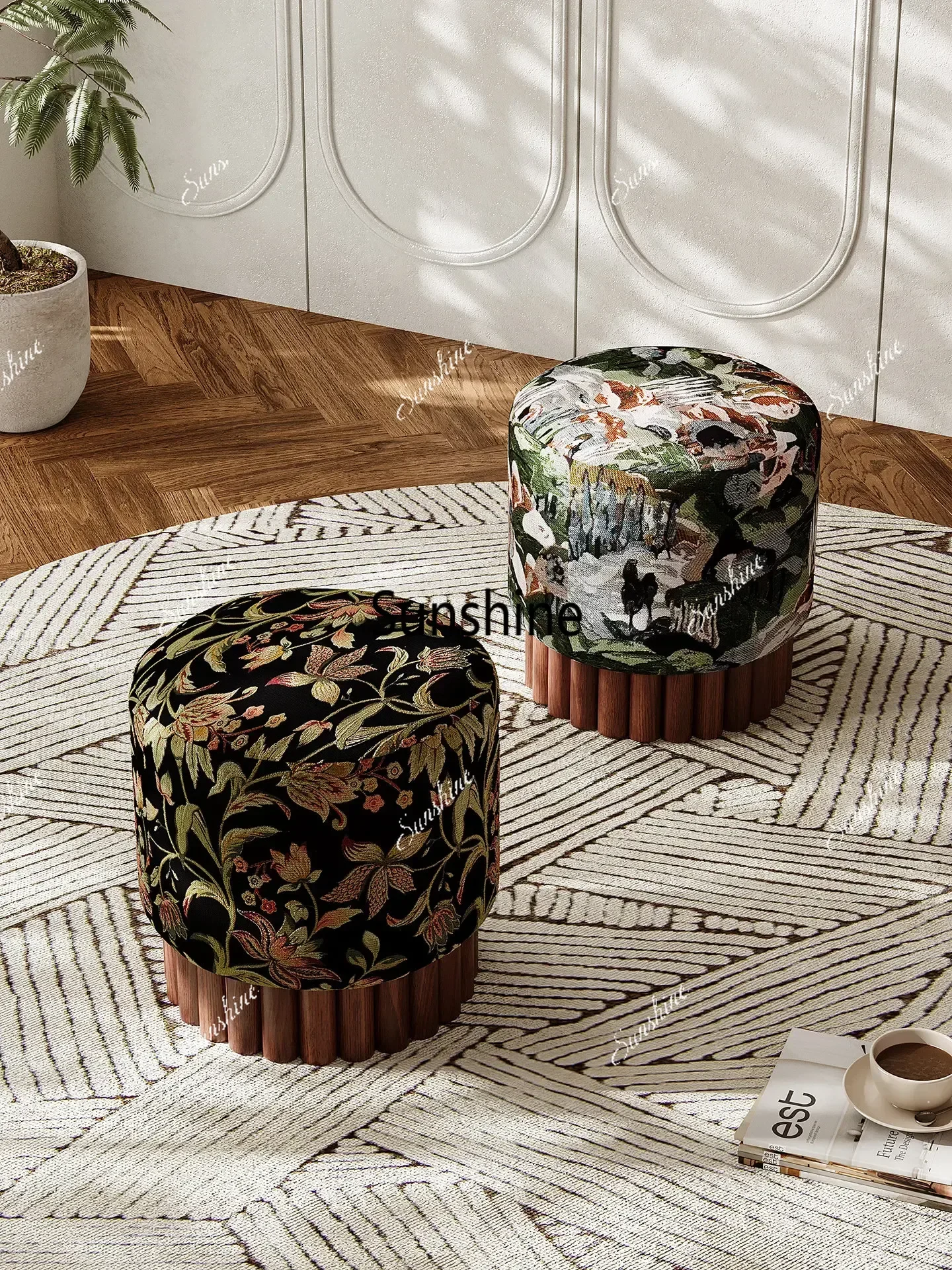 F Retro Chinese Style Solid Wood Round Stool Fabric Upholstered Entryway Shoe Bench Wabi Sabi Hallway Low Dressing Vanity Stool