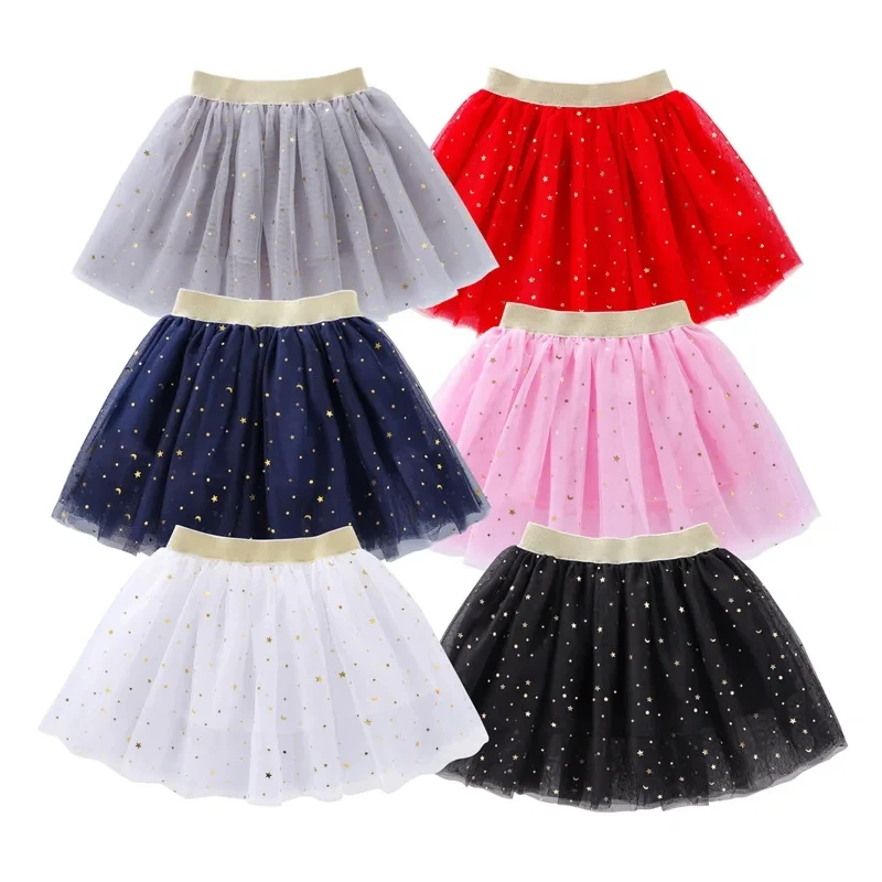 2025 Summer Fashion Girls Star Moon Sequins Mesh Miniskirts Kid Baby Princess Dance Tutu Party Children Ballet Faldas Elastic