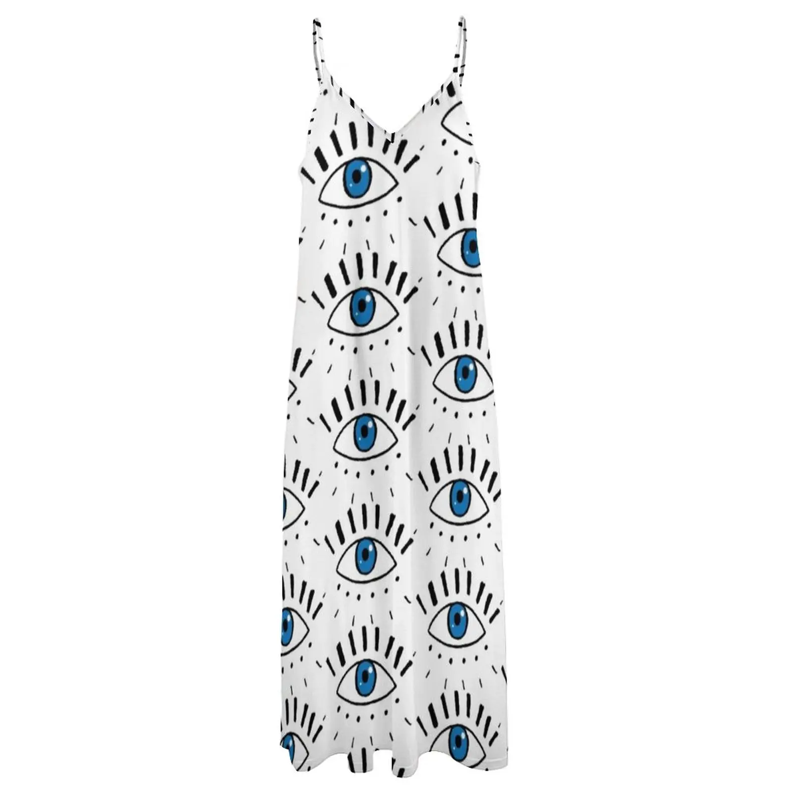 Dark Blue Eyes Dress Sketchy Eye Design Eyeball Vintage Maxi Dress Street Style Boho Beach Long Dresses Strap Print 3XL 4XL 5XL