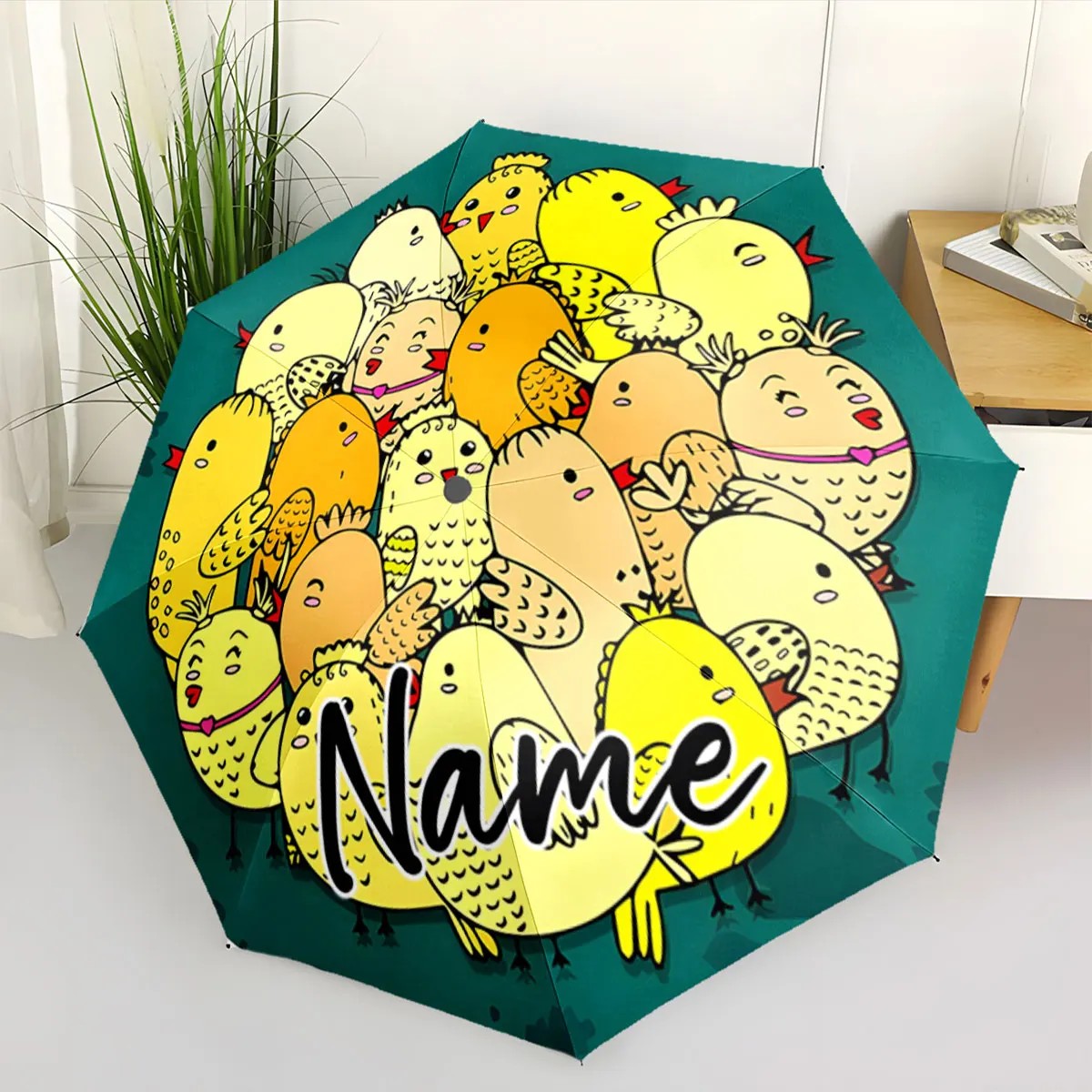 Custom Name Colorful Chick Pattern Umbrella Adds Playful Touch Print 8 Iron Ribs Folding Umbrella, Auto-Open Fashion Sunshade