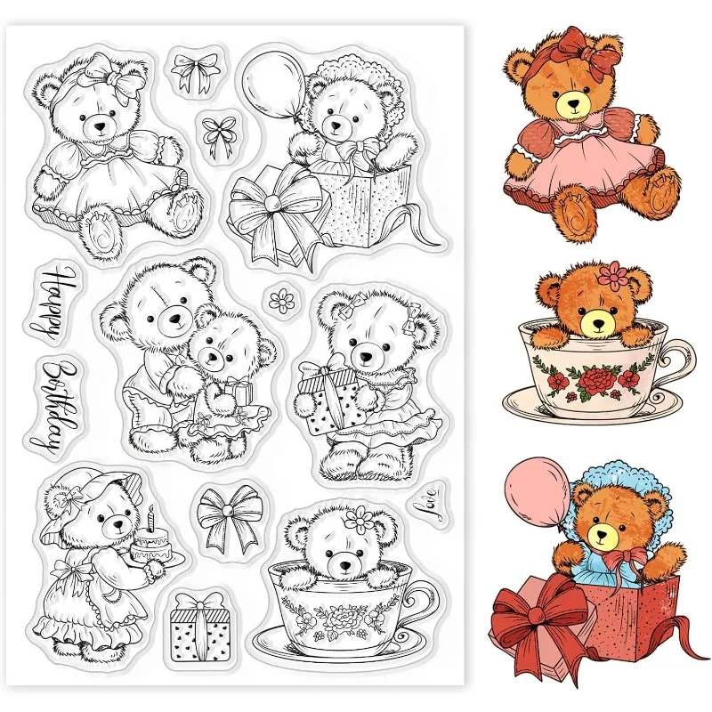 1 pc Teddy Bear Clear Stamp Birthday Transparent Silicone Stamp Teacup Rubber Stamp for Scrapbook Journal Card Making