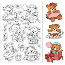 1 pc Teddy Bear Clear Stamp Birthday Transparent Silicone Stamp Teacup Rubber Stamp for Scrapbook Journal Card Making