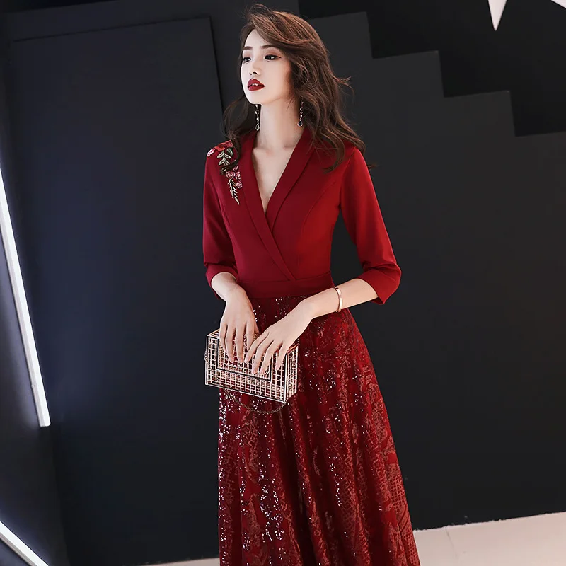 plus Size Red Evening Gown Wedding Reception Dr Ele Slimming A-Line Skirt Cotton Fabric V-Ne Long Sve Women