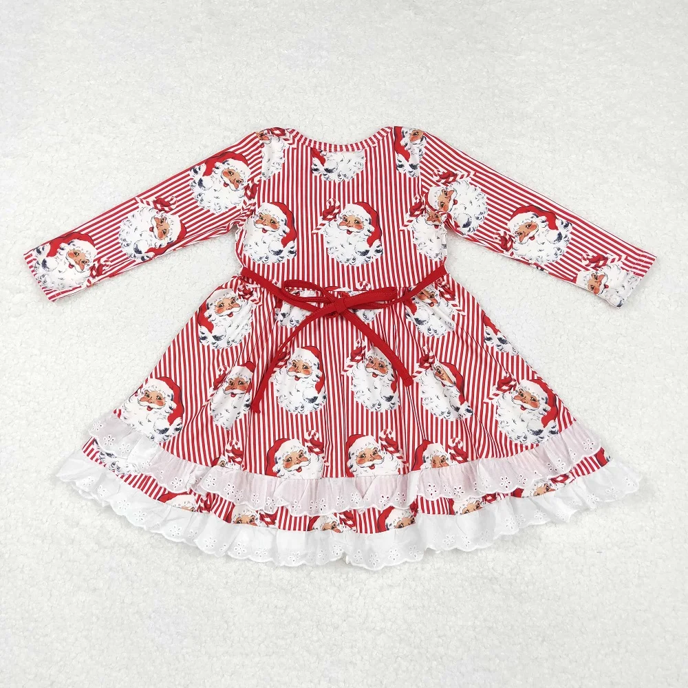 Popular Baby Girls Santa Claus Red Striped Lace Long Sleeve Dress Wholesale Boutique Children Clothes RTS Skirt