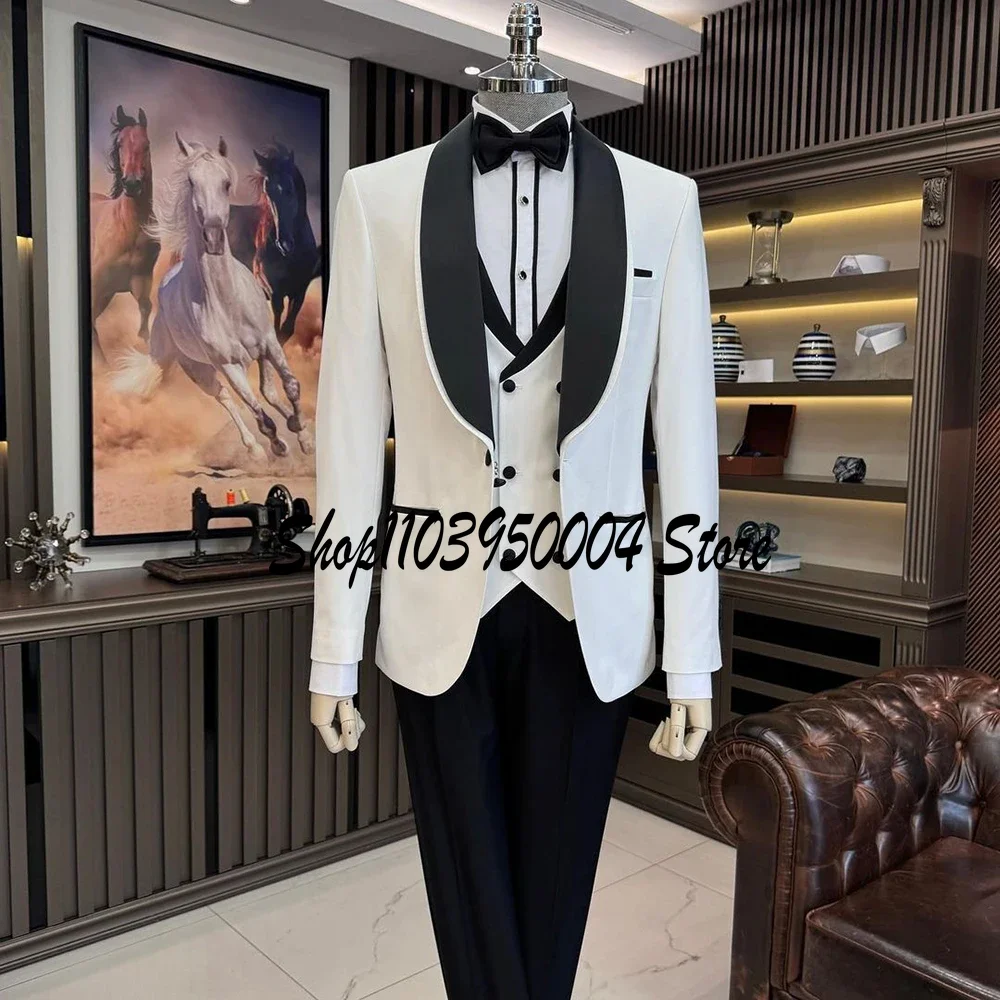 

Men Suits 3 Pieces Tailored Best Man Groom Wedding Tuxedo Slim Fit Ivory Formal Blazer Sets Jacket Vest Pants Tuxedos Clothing