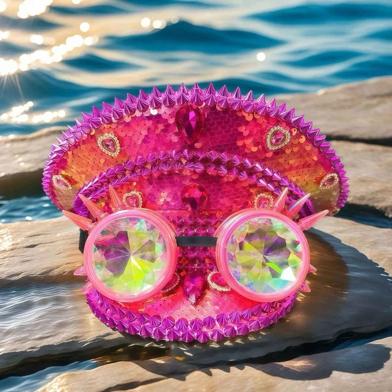 

HongLuan Glitter Bling Captain Hat Rhinestone with Goggles Rose Pink Steampunk Military Cap for Woman Burning Man Music Festival