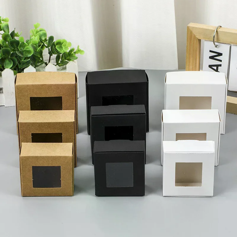 

10 Pcs Square White/Kraft/Black Window Packaging Boxes, Various Sizes, Wedding Party Gifts, Handmade Soap Chocolate Flat Boxes