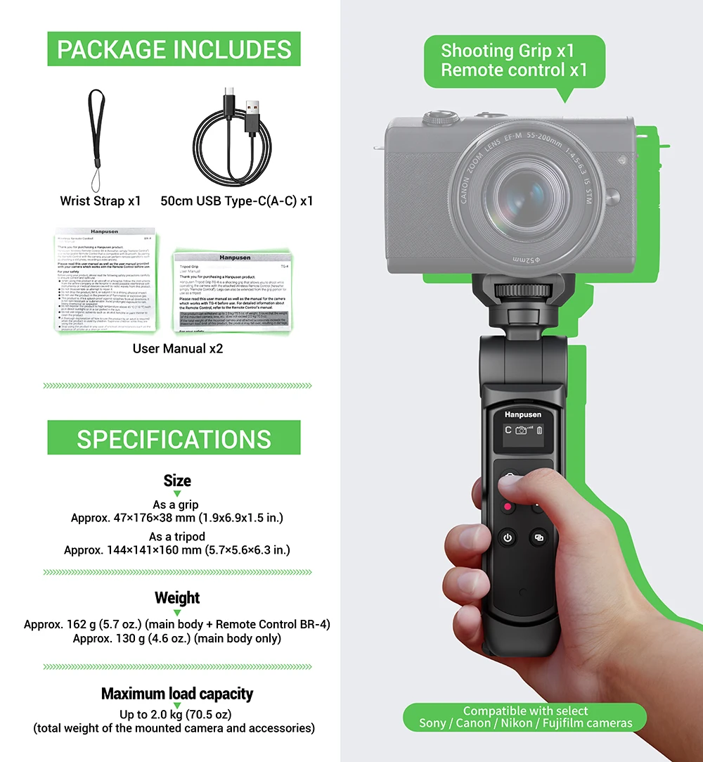 Hanpusen BR-4: waterbestendige draadloze afstandsbediening voor camera's met Bluetooth 5.3, geschikt voor geselecteerde Canon-, Nikon-, Sony- en Fujifilm-camera's.