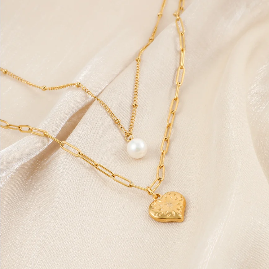 316L Stainless Steel New Fashion Fine Jewelry 2 Layer Beaded Pearl Love Heart Charm Chain Choker Necklaces Pendants For Women