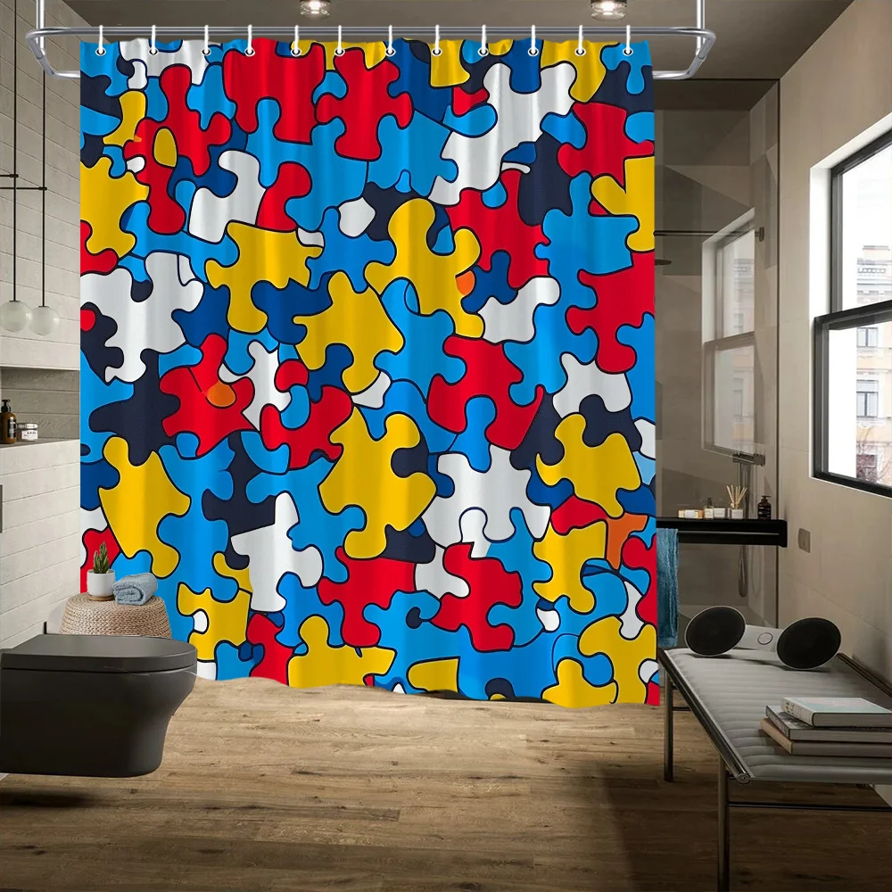 Colorful Puzzle Piece Shower Curtain Autism Awareness Print Geometric Jigsaw Pattern Waterproof Polyester Fabric Bathroom Screen