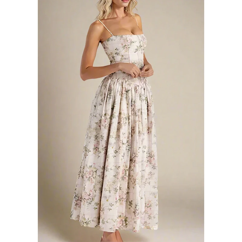 Combhasaki Donna Estate Senza Maniche Stampa Floreale/Colore Solido Slim Fit Regolabile Spalline Corsetto A-line Cami Abito Lungo