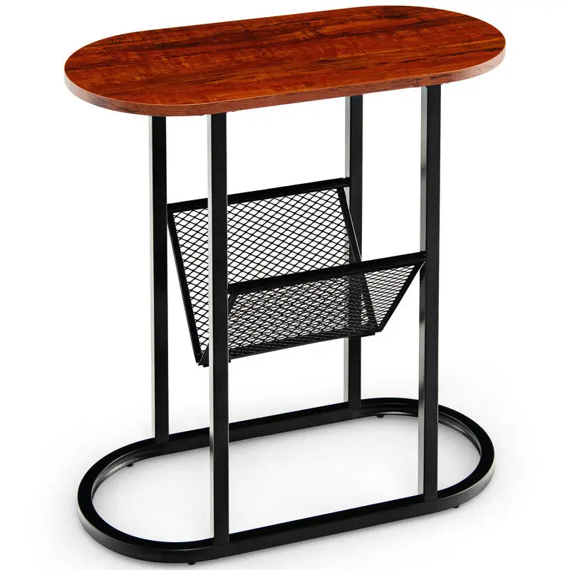 Industrial 2-Tier Side Table With Sturdy Steel Frame And Mdf Top, Mesh Storage Shelf, Adjustable Feet For Living Room Sofa End Table Or Bedroom Nightstand, Rustic Brown