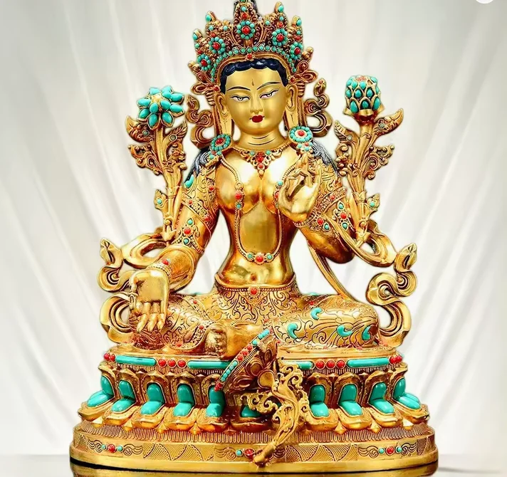Copper Gilt Inlay Green Tara Statue Tibetan White Tara Goddess of Longevity Sculpture, 45cm, 32cm, 21cm