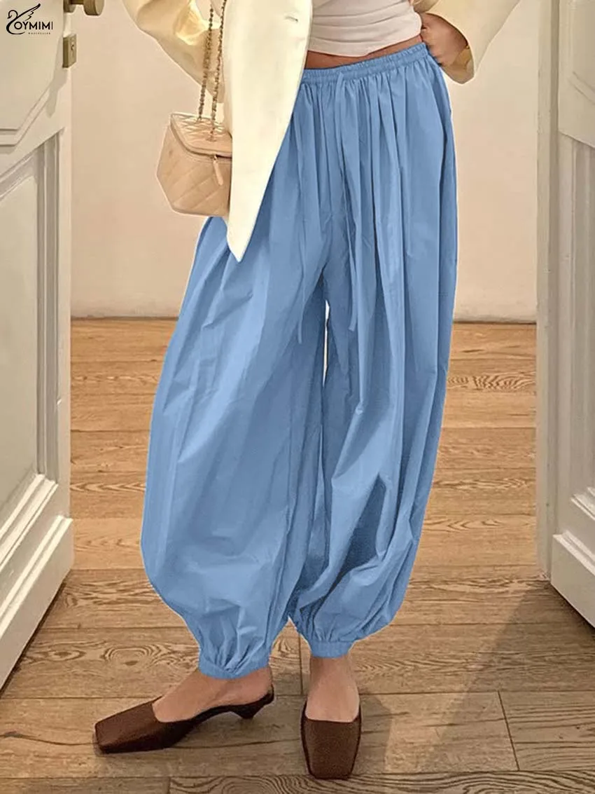 Oymimi Casual Blue Loose Women Pants Fashion Mid Waisted Drawstring Trousers Elegant Solid Ankle-Length Pants Female Streetwear