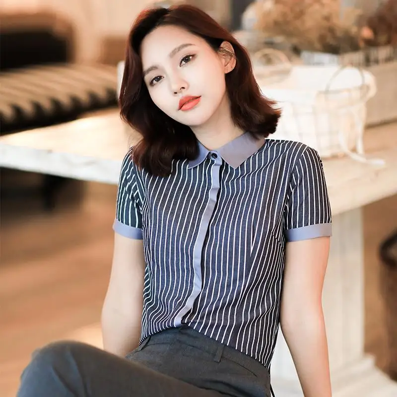 Women Summer Simplicity Slim Striped Square Collar Short Sleeve Shirts Women Clothes Casual Office Lady All-match Cotton Tops