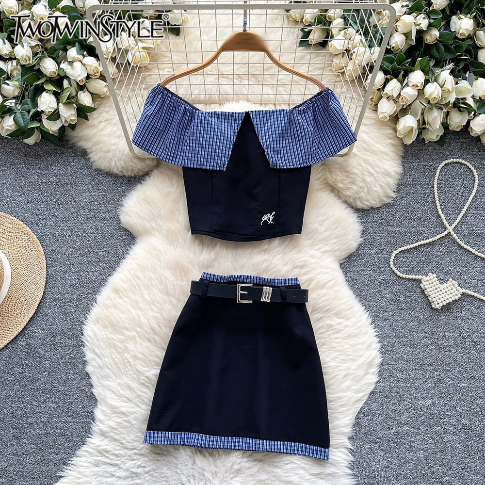 

TWOTWINSTYLE Elegant Two Piece Sets For Women Slash Neck Off The Shoulder Sleeve Top High Waist Skirt Chic Set Female KSE544102