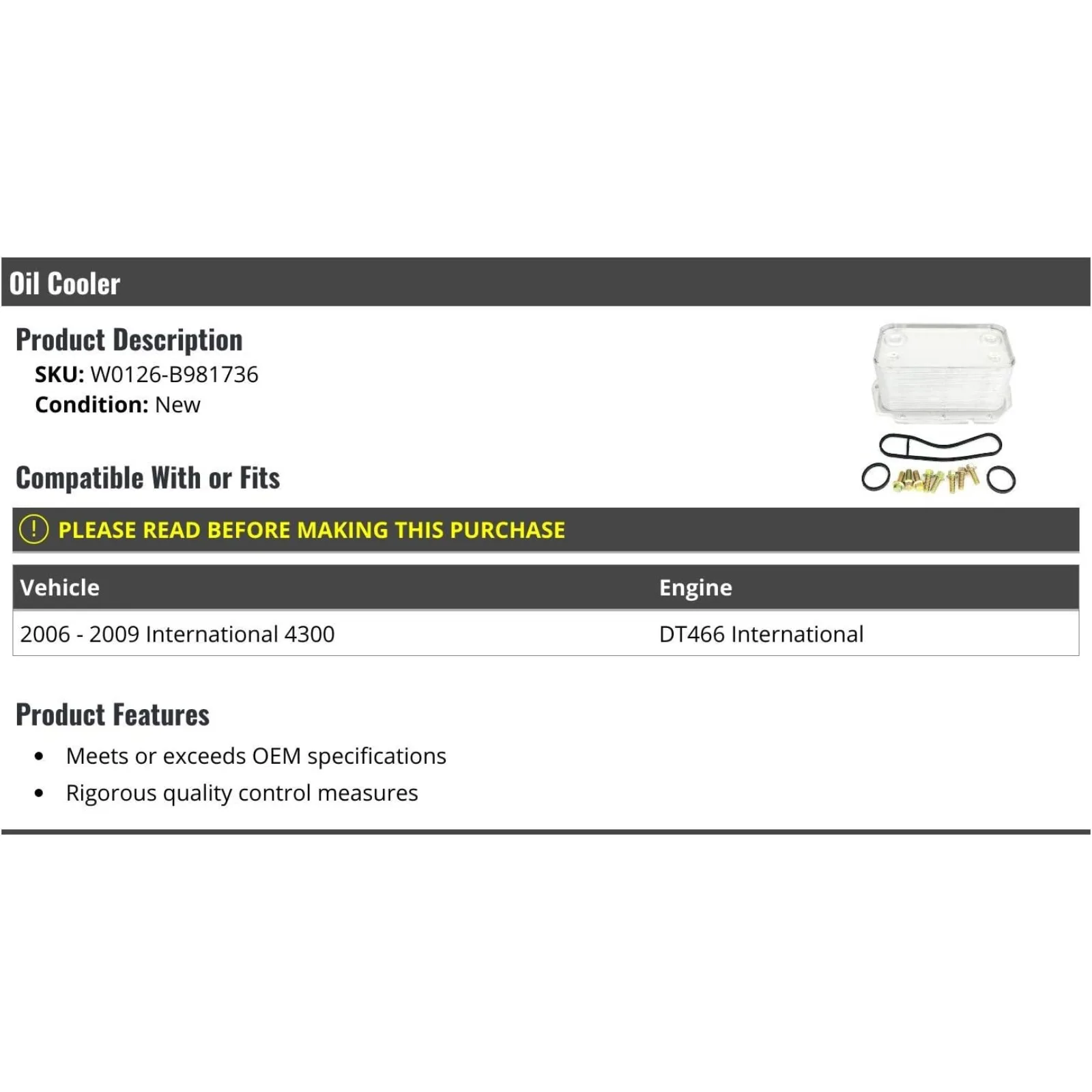 US  Oil Cooler - Compatible with 2006-2009 International 4300 DT466 International