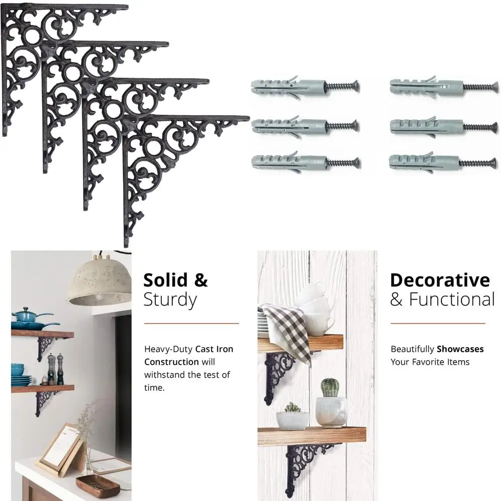 

Cast Iron Shelf Brackets, 4-Pack, 8x1.6x8 Inches, Black - Metal Support Brackets for Wall, Decorative Shelf Accessories