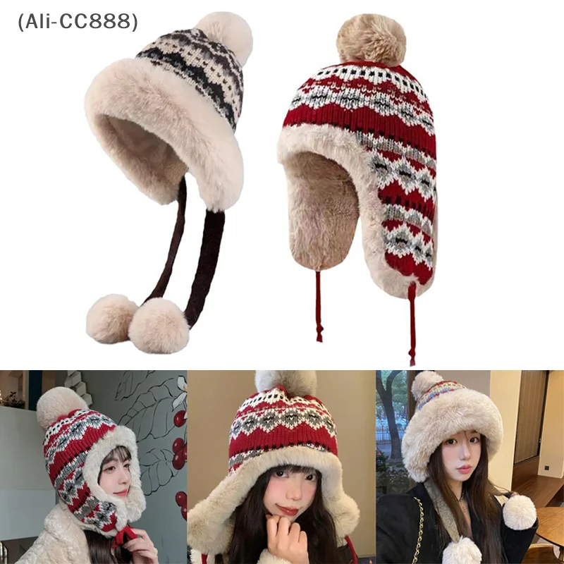 〔CC88〕Winter Keep Warm Head Cap. Internet Celebrity New Plush Bomber Hats. Loose Fashion Bonnet Balaclava Ear Protection Beanies