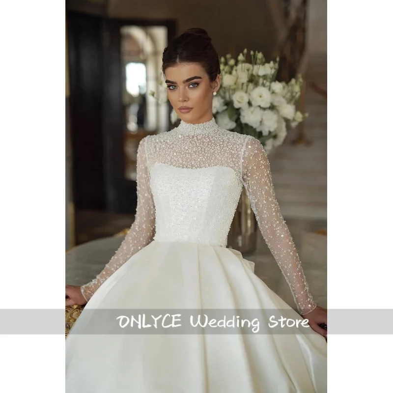 فساتين زفاف من الساتان الوهمي لعام 2026 للنساء برقبة عالية Lvory على شكل حرف a فستان العروس بطول التطهير من Vestidos De Noiva مخصص #4