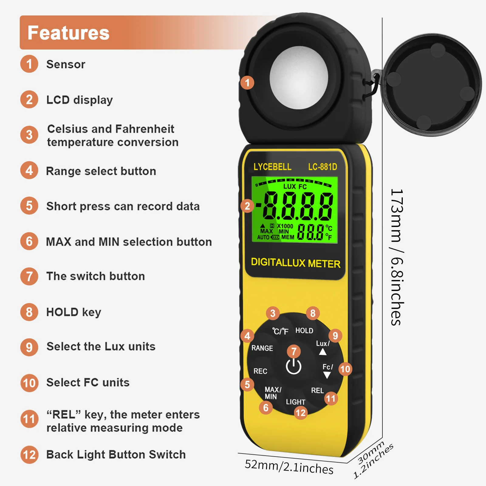 HP-881D Digital Illuminance Light Meter, 0.01~400,000 Lux Foot Candles Luxmeter with 270º Rotated Sensor Light Tester