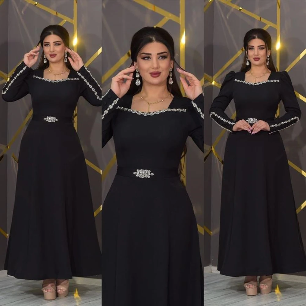 

Customized Square Collar Crystal A-line Jersey Black Evening Dresses Ankle Length Full Sleeves Pleat فساتين للمناسبات الخاصة