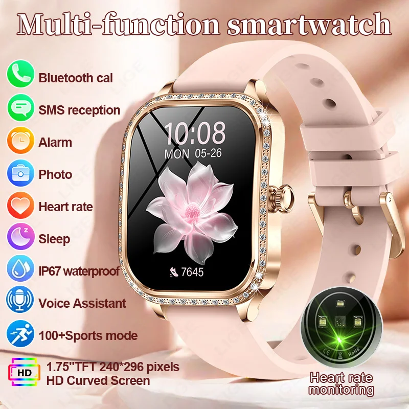 LIGE 2026 New Women Diamond Watch 1.75" 3D Curved Display Heart Rate Blood Oxygen Monitoring Bluetooth Call Fashion Smartwatch