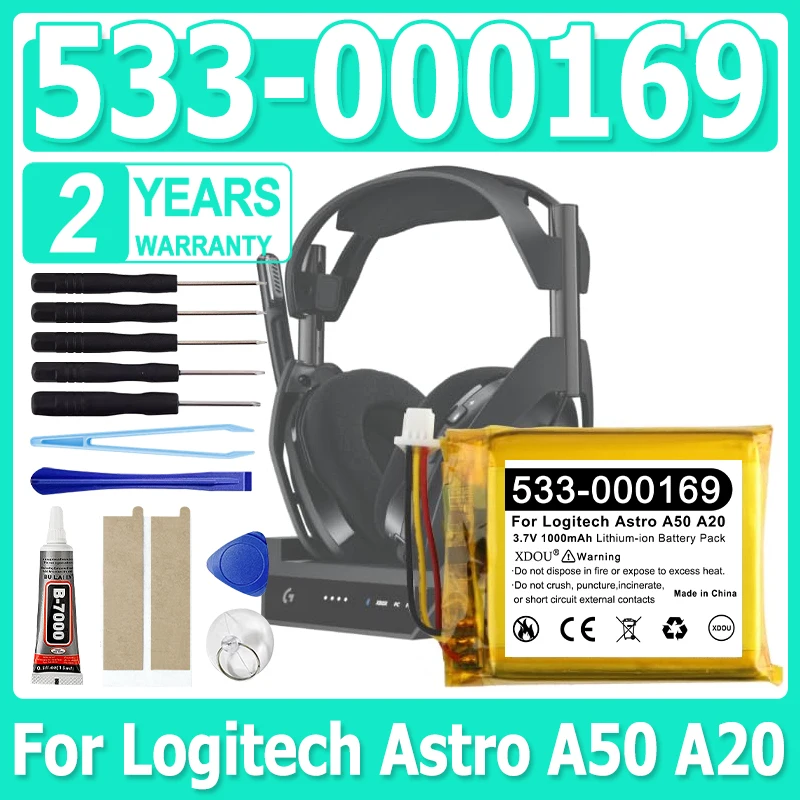 Replaces Upgraded 1000mAh 533-000191 533-000169 Battery For Logitech Astro A20 A50 Headset Batterie Accumulator+Tools