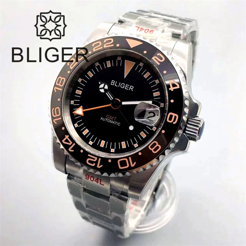 

BLIGER 40mm GMT Watch Luxury Men Mechanical Wristwatch Stainless Steel Sapphire Glass Green Luminous Reloj Hombre Steel Strap
