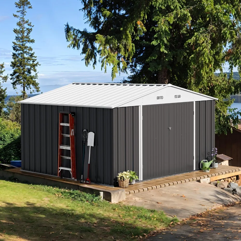 Gray Metal Outdoor Storage Shed,Lockable Door & Sloping Roof,Lawn Garden Utility Tool Storage,10x10FT, Custom