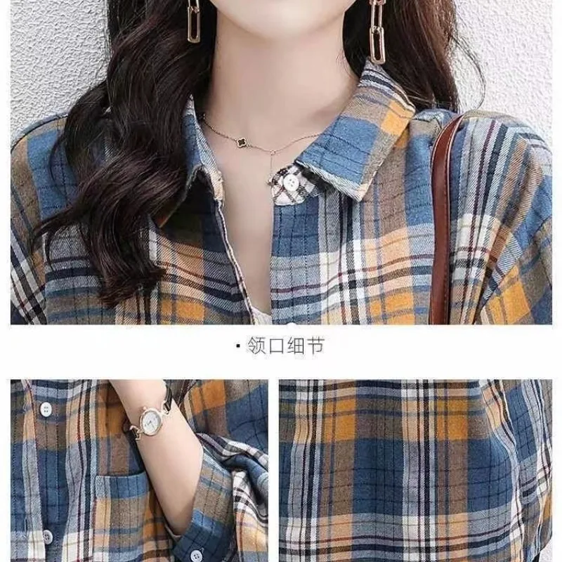 Women\'s Autumn and Winter New Fashion Elegant POLO Collar Plaid Button Pocket Casual Long Sleeve Loose Shirt Cardigan Tops